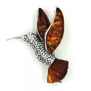 Srebrna broszka koliber z bursztynem